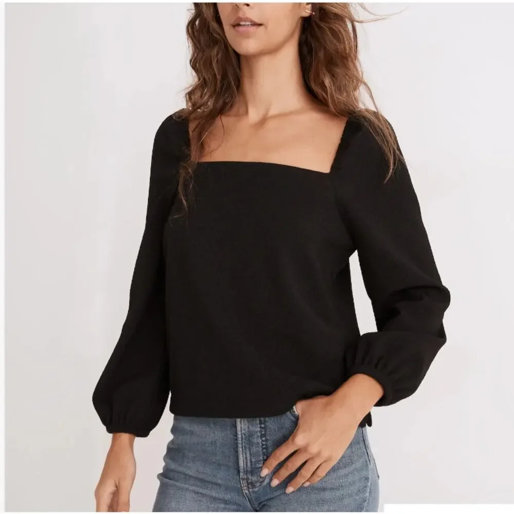NWT Madewell Crepe Square-Neck Puff-Sleeve Top Black Small Romantic Whimsygoth